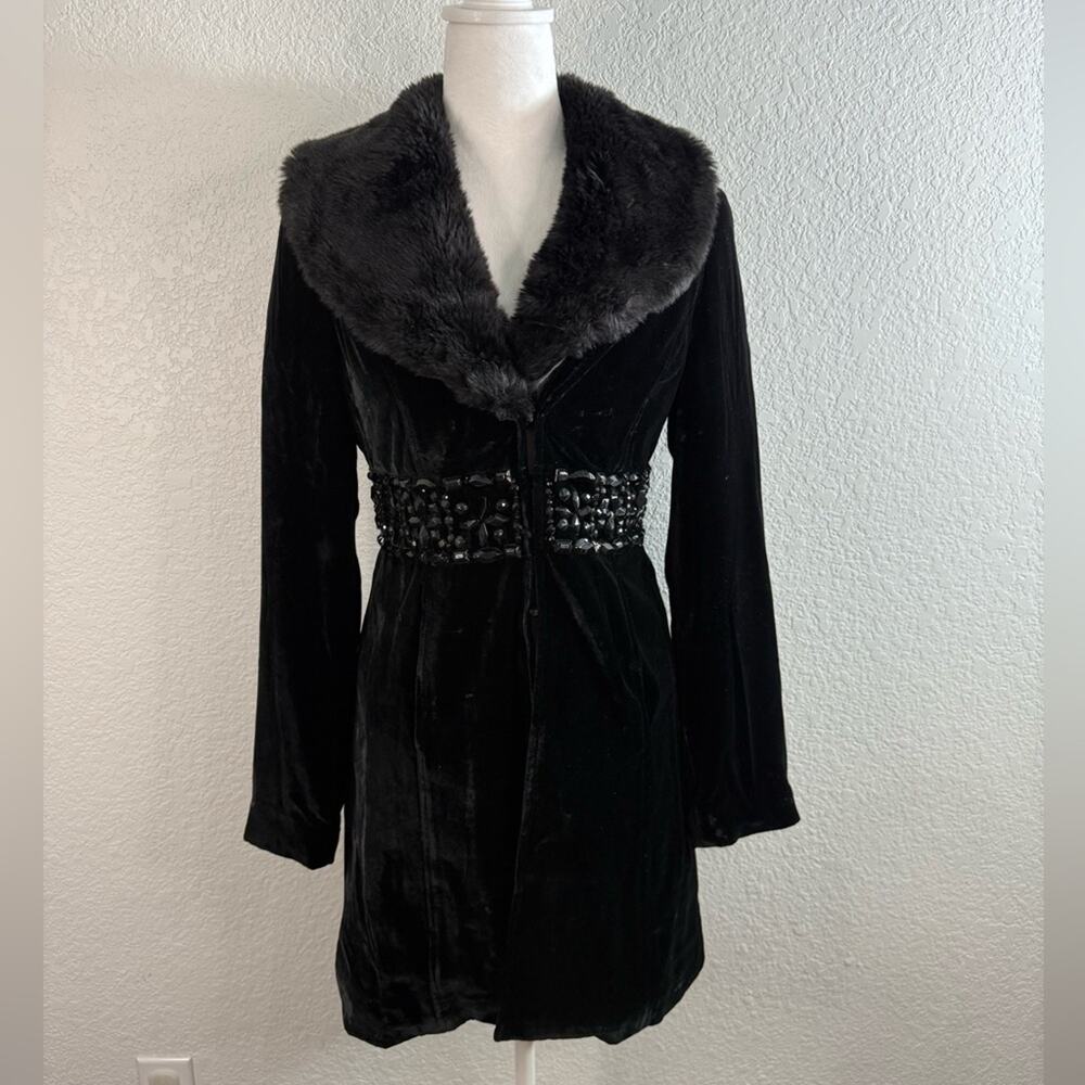 White House Black Market Black Velvet Faux Fur Beaded Coat Whimsigoth Y2K Witchy